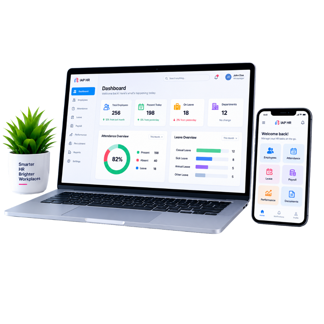 IAPHR Solution HR software dashboard on a laptop and phone
